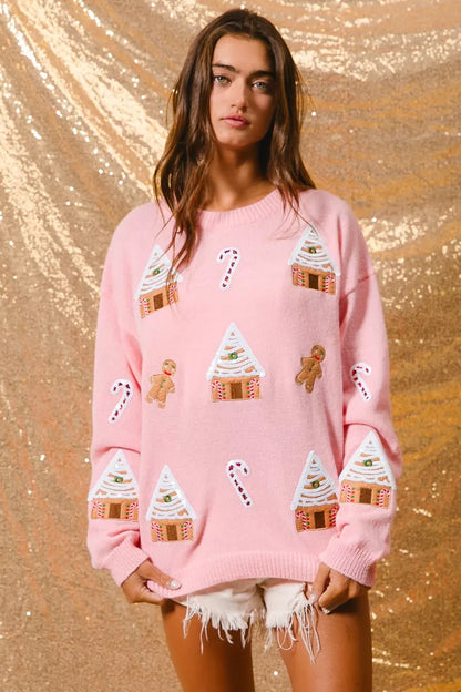 Light Pink Christmas Theme Patches Sweater | Tigbuls