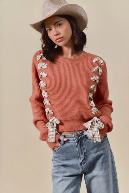 SO ME Checkered Plaid Tape Lace Up Ribbed Sweater - Tigbul's Variety Fashion Shop