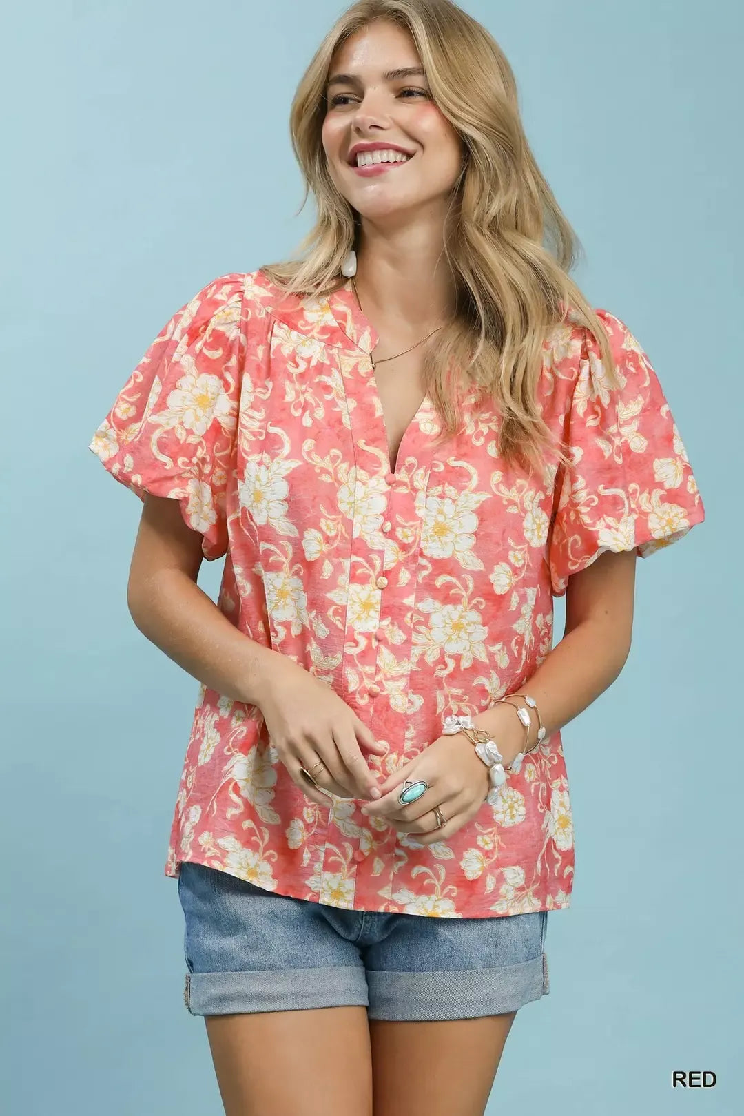 Red floral button-front short-sleeve shirt with V-neck placket