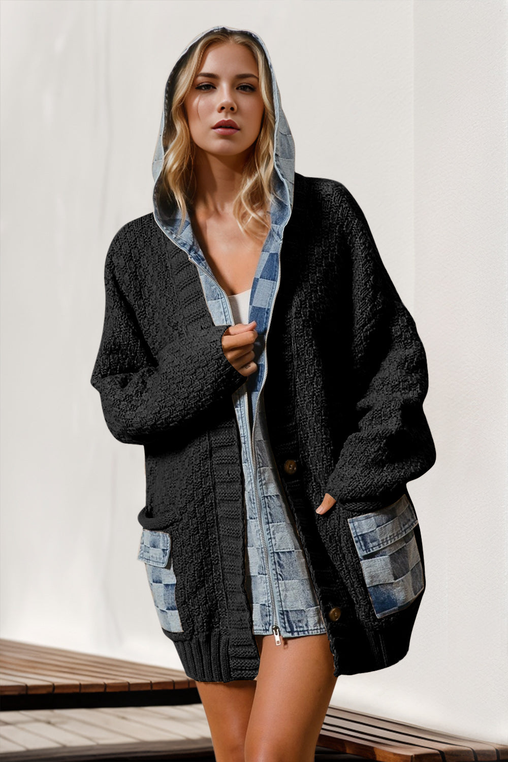 Double Take Full Size Hooded Denim Spliced Sweater Cardigan - Tigbul's Variety Fashion Shop