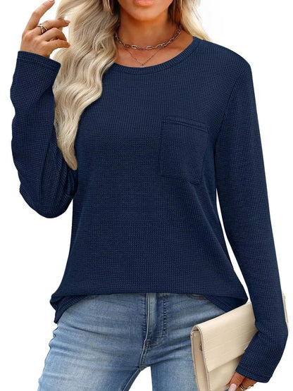Waffle Knit Long Sleeve Pocket T-Shirt - Tigbul's Variety Fashion Shop