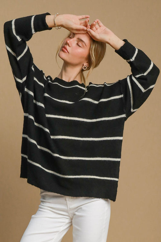 Wool Blend Striped Round Neck Sweater - Tigbul's Variety Fashion Shop