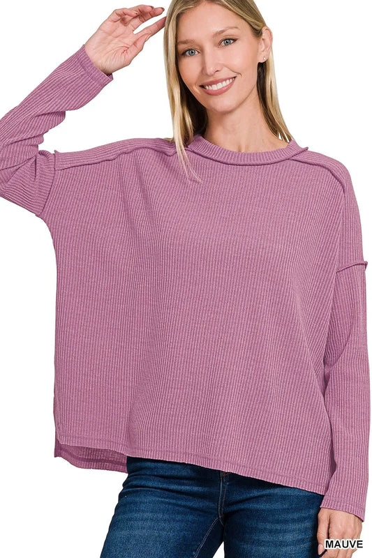 Zenana Ribbed Drop Shoulder Round Neck Sweater - Tigbul's Variety Fashion Shop