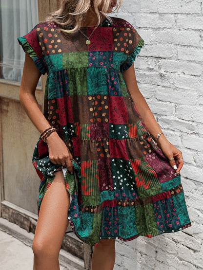Burgundy Color Block Print Short Sleeve Mini Dress - Tigbul's Variety Fashion Shop