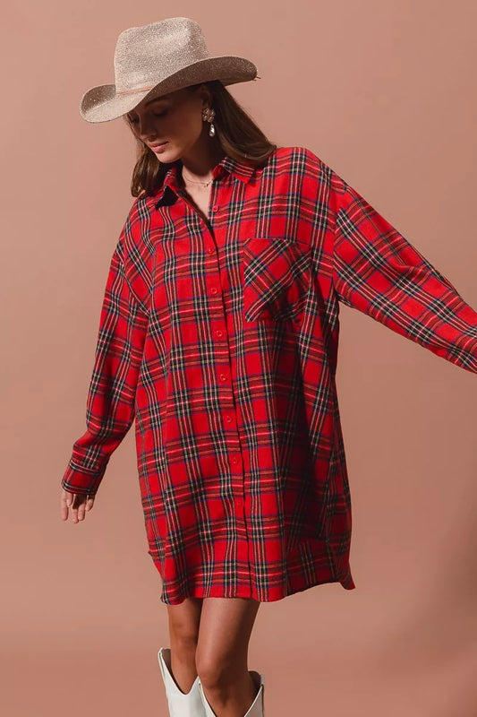SO ME Christmas Checker Plaid Button Up Shirt Dress - Tigbul's Variety Fashion Shop