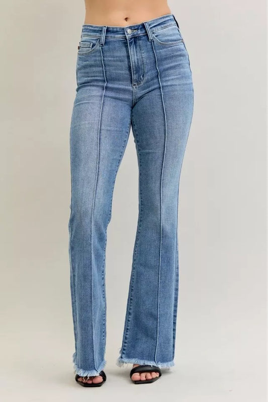 Judy Blue High Waist Flare Fray Hem Jeans with Front Pintuck Detail - Tigbul's Variety Fashion Shop