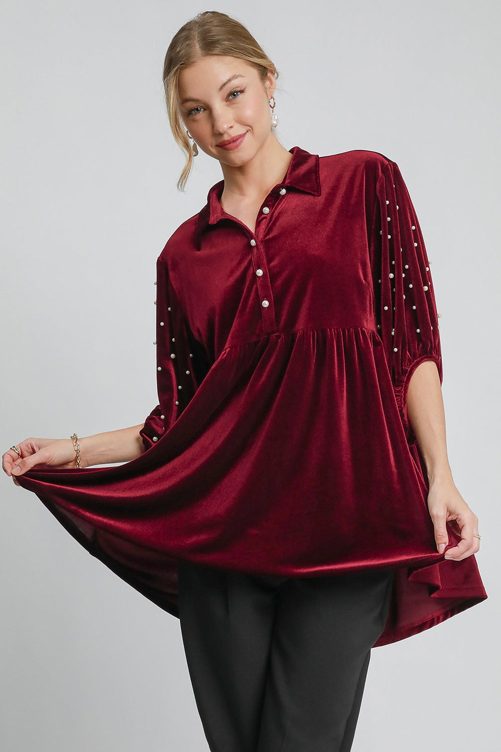 Pearl Detail Collared Neck Velvet Babydoll Blouse - Tigbul's Variety Fashion Shop