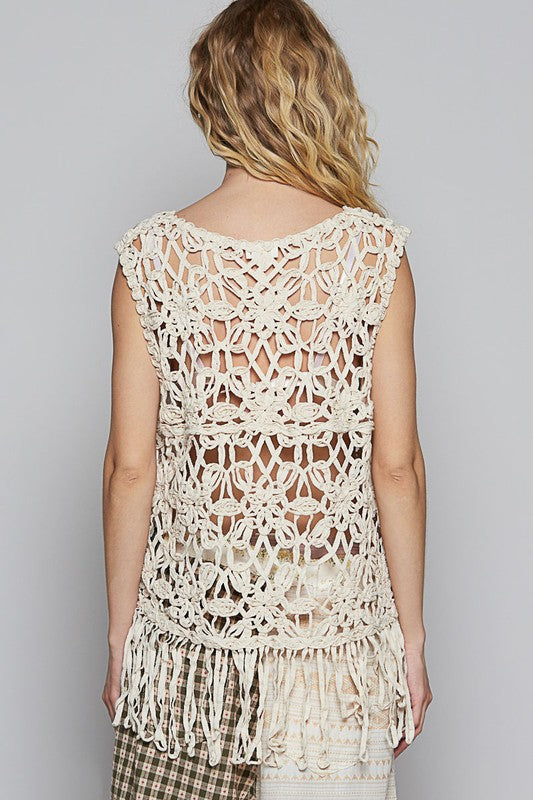 POL Fringed Beige Sleeveless Crochet Knit Cover Up - Tigbul's Variety Fashion Shop