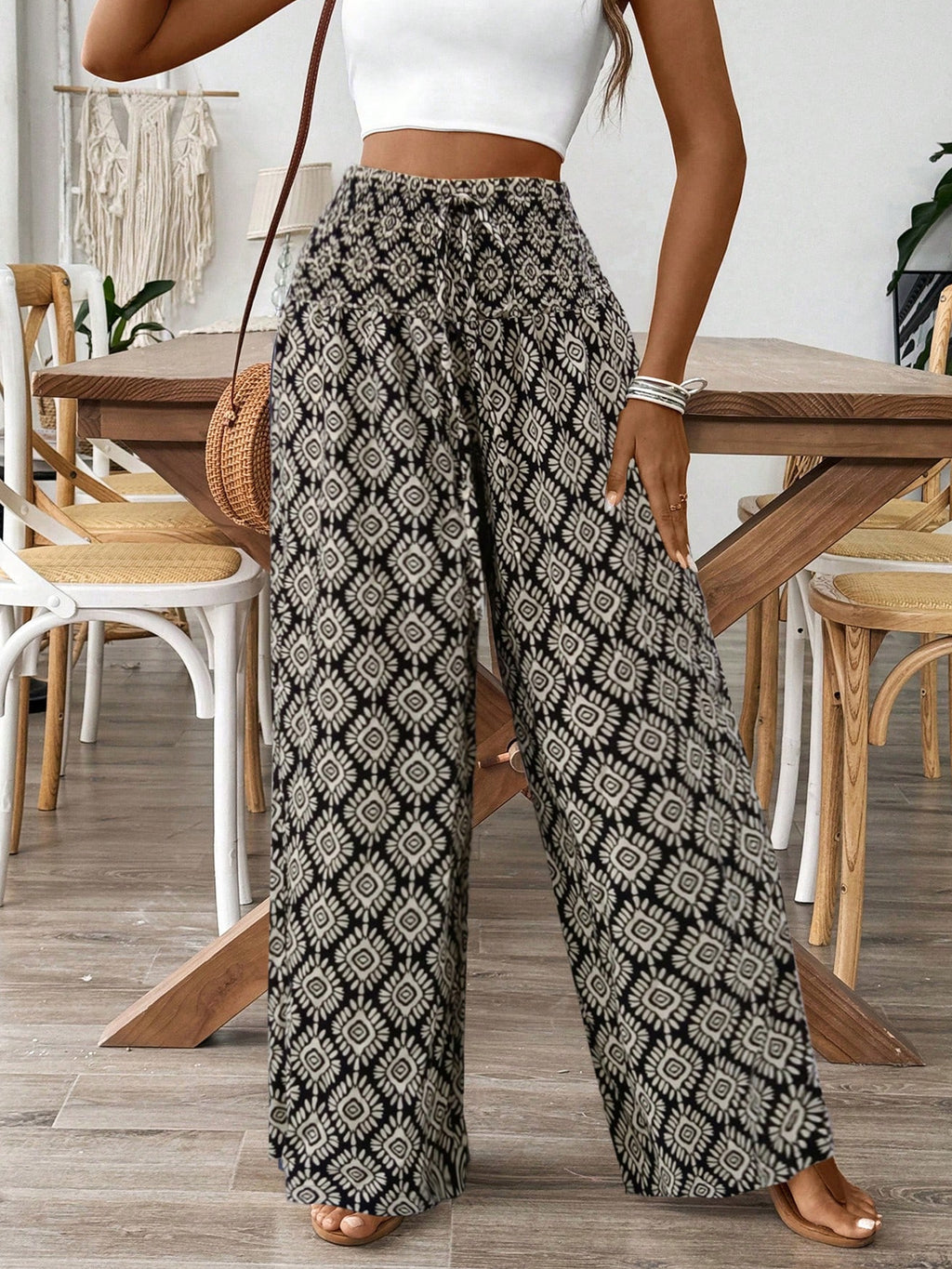 Black and white diamond print wide-leg pants with elastic high waist