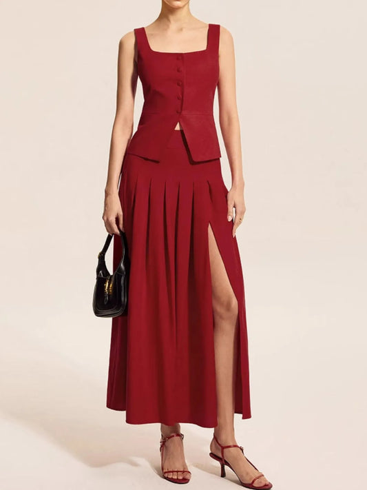 Square Neck Tank and Pleated Slit Skirt Set - Tigbul's Variety Fashion Shop