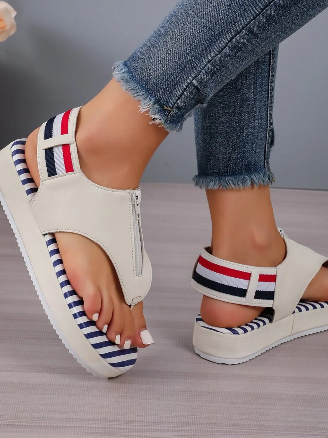 Striped Platform Toe Post Sandals - Tigbul's Variety Fashion Shop