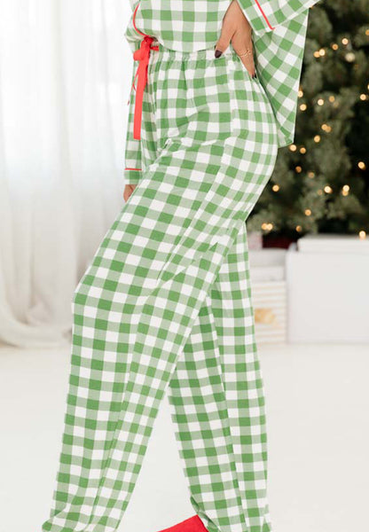 Plaid Collared Neck Long Sleeve Top and Pants Set - Tigbul's Variety Fashion Shop