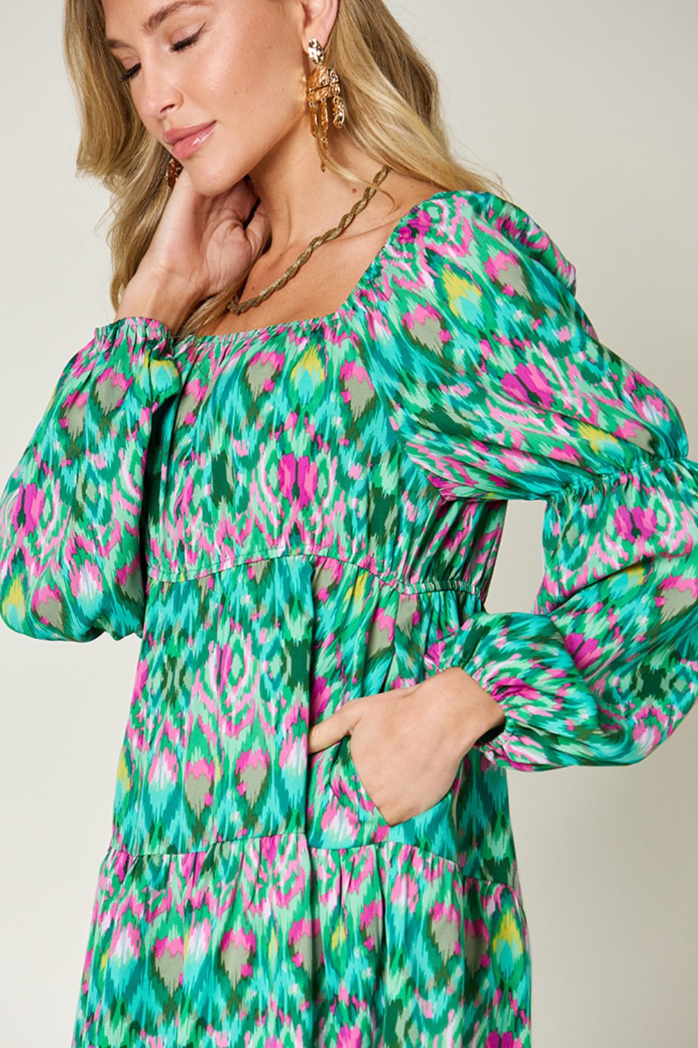 Double Take Full Size Printed Long Sleeve Dress - Tigbul's Variety Fashion Shop