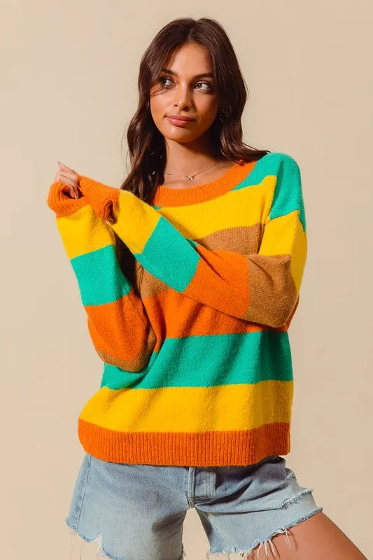 SO ME Multi Color Stripe Sweater with Ribbed Detail - Tigbul's Variety Fashion Shop