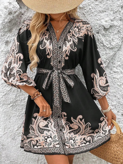 Paisley V-Neck 3/4 Sleeve Mini Dress - Tigbul's Variety Fashion Shop