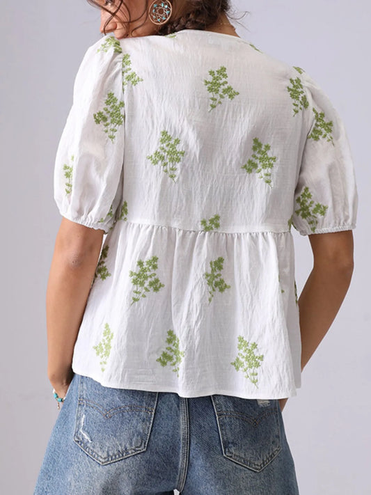 Embroidered V-Neck Puff Sleeve Peplum Blouse - Tigbul's Variety Fashion Shop