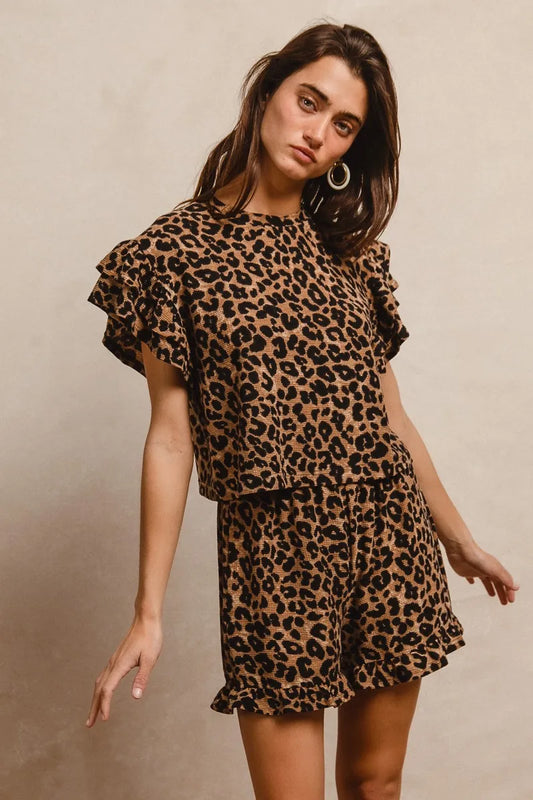 BiBi Leopard Print Waffle Texture Layered Ruffle Sleeve Top and Shorts Set - Tigbul's Variety Fashion Shop