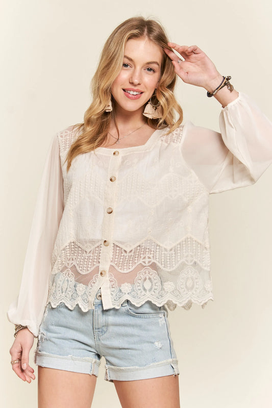 Button Down Embroidered Blouse - Tigbul's Variety Fashion Shop