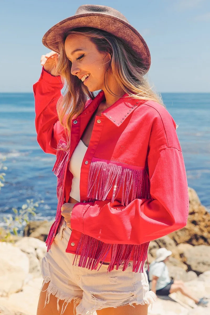 Rhinestone Fringe with Studded Collar Jacket - Tigbul's Variety Fashion Shop