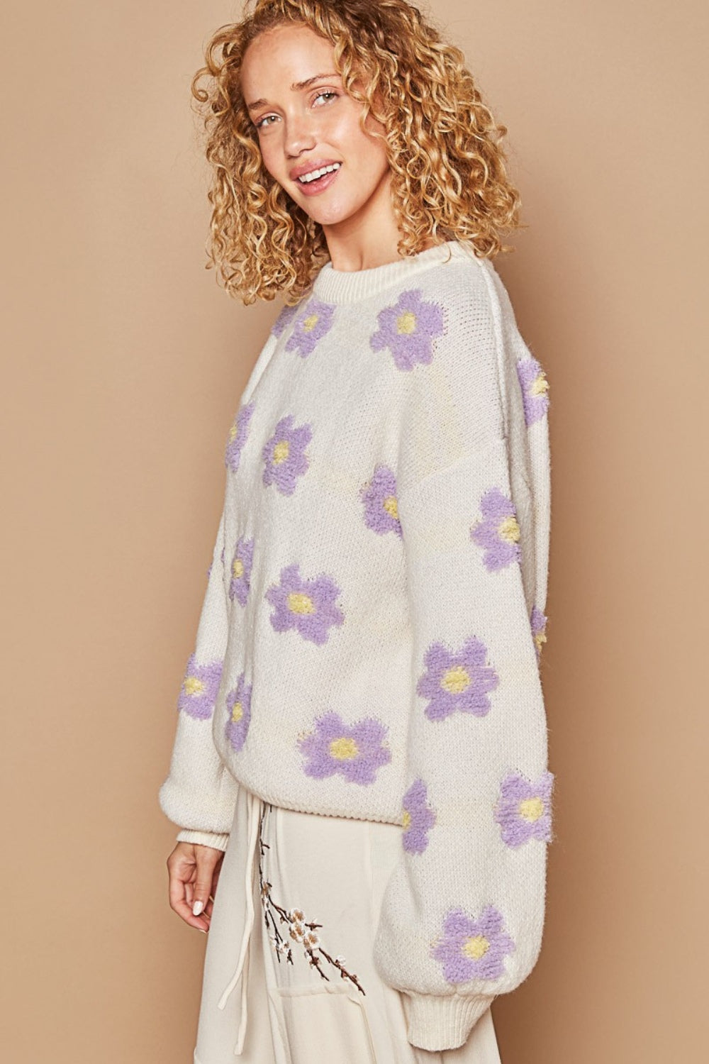 Cream/Lavender Daisy Pattern Drop Shoulder Sweater - Tigbul's Variety Fashion Shop