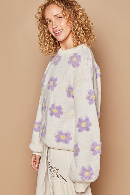 Cream/Lavender Daisy Pattern Drop Shoulder Sweater - Tigbul's Variety Fashion Shop