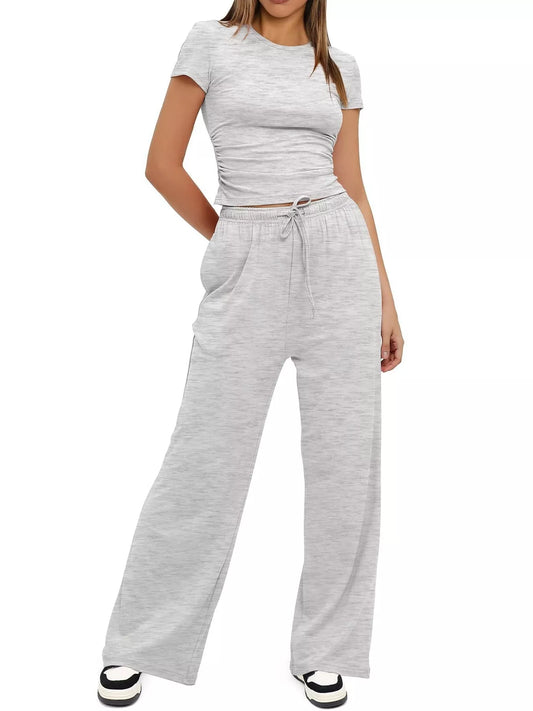 Round Neck Short Sleeve T-Shirt and Pants Set - Tigbul's Variety Fashion Shop