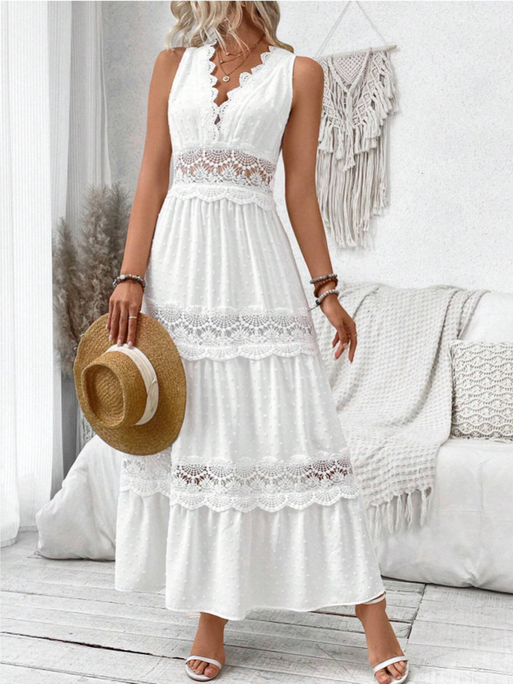 White sleeveless maxi dress with lace tiers and Swiss-dot texture, plus-size fit