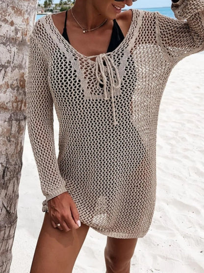Openwork Long Sleeve Knit Cover Up - Tigbul's Variety Fashion Shop