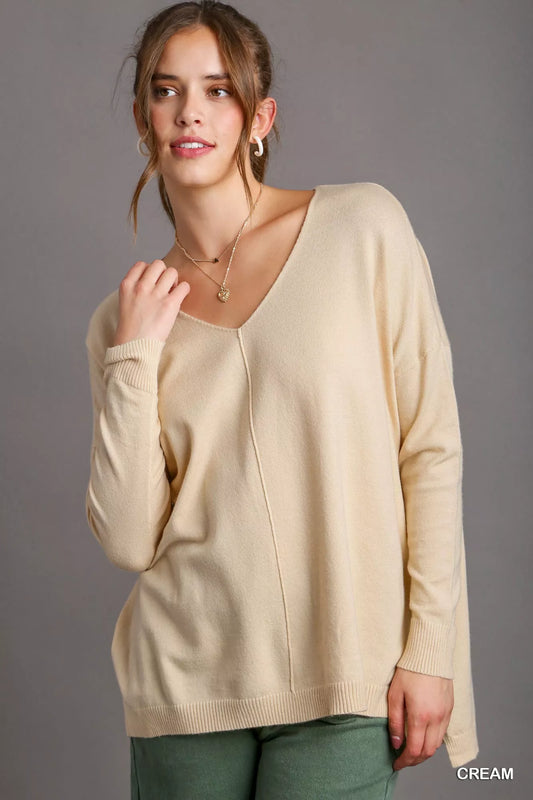 Umgee V-Neck High Low Hem Knit Top with Side Slit - Tigbul's Variety Fashion Shop