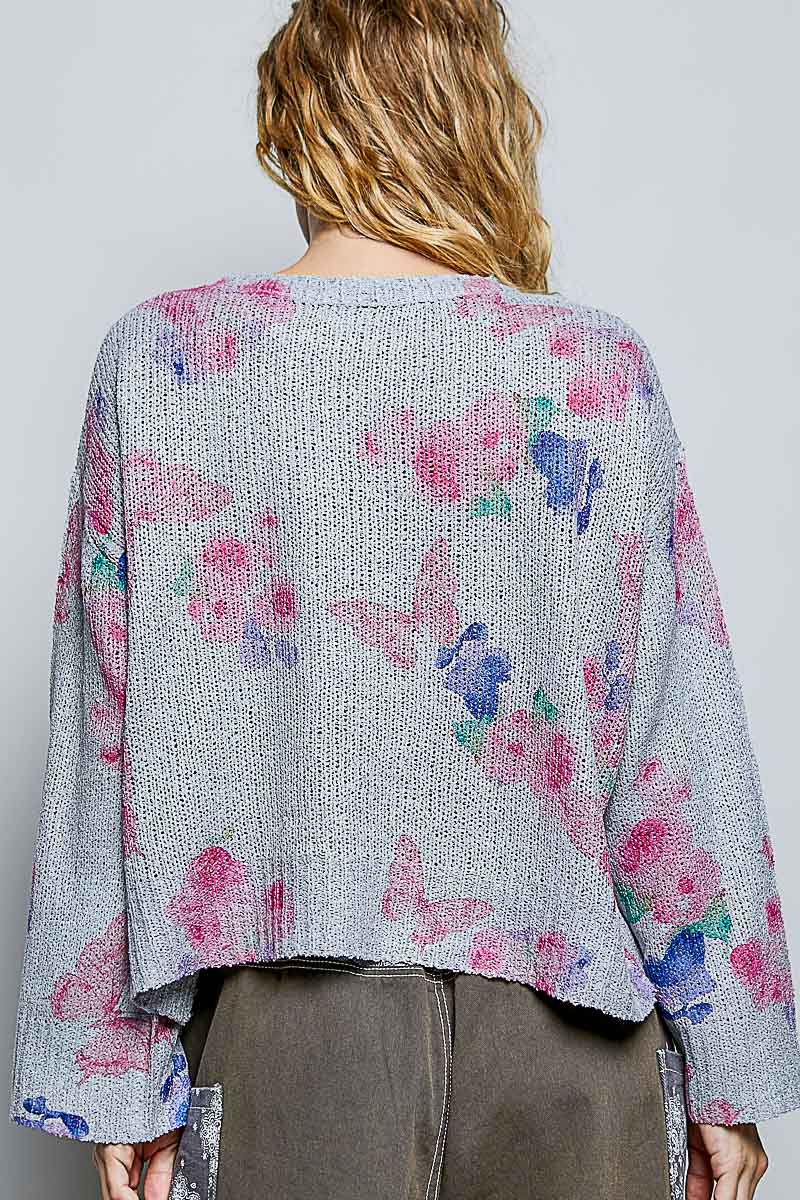 Heather grey knit top back, scattered butterfly print, ribbed knit texture