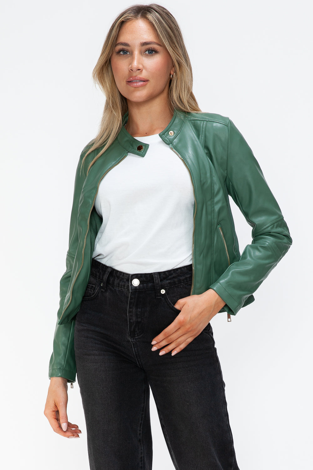 Faux Leather Zip Up Drawstring Hooded Jacket in Sage Green