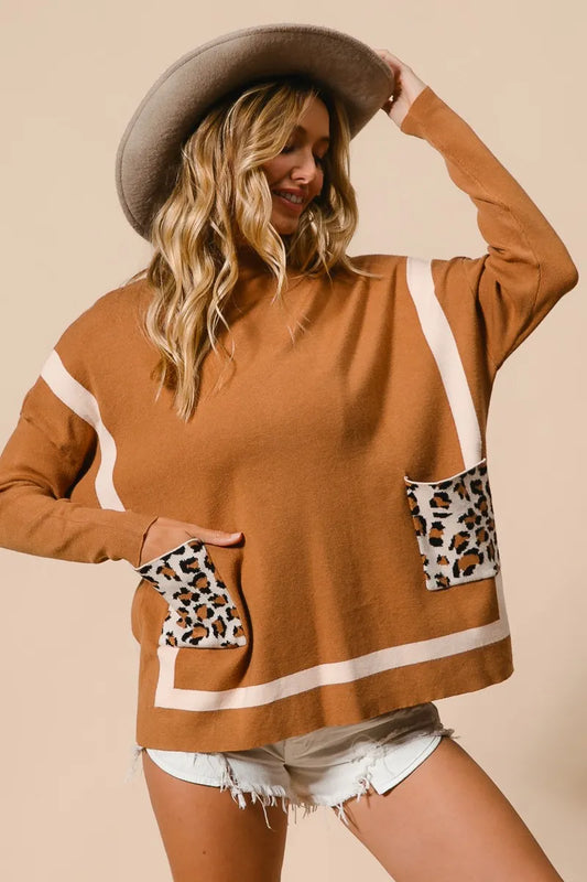 BiBi Mock Neck Sweater with Leopard Pocket - Tigbul's Variety Fashion Shop