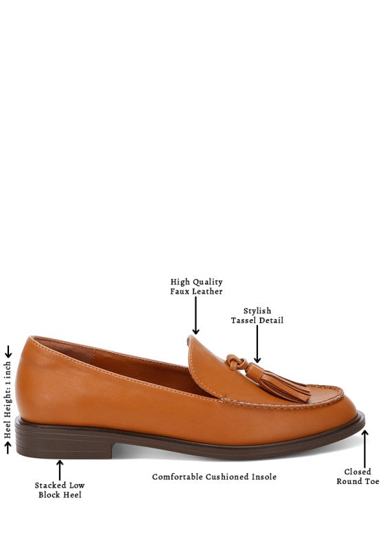 Tan tassel detail loafer with closed round toe and low stacked block heel