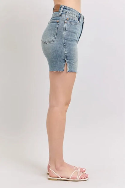 Judy Blue High Waist Vintage Wash Side Slit Denim Shorts - Tigbul's Variety Fashion Shop