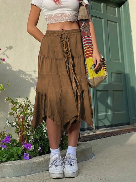Asymmetrical Hem Midi Skirt with Drawstring Waist - Tigbul's Variety Fashion Shop