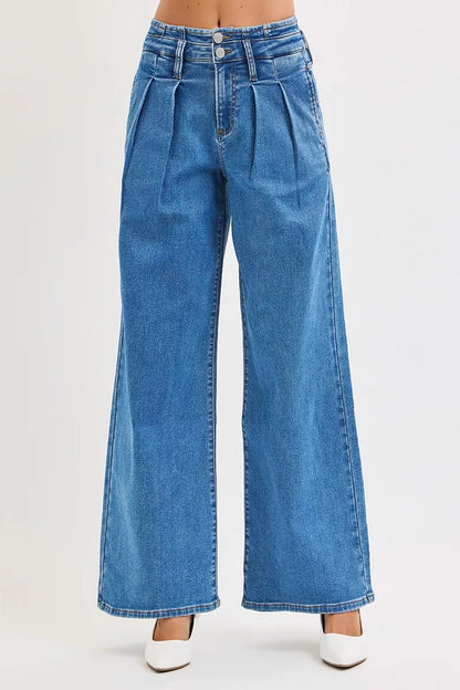 RISEN Full Size Mid Rise Fit Wide Leg with Pleated Detail Jeans Plus Size - Tigbul's Variety Fashion Shop