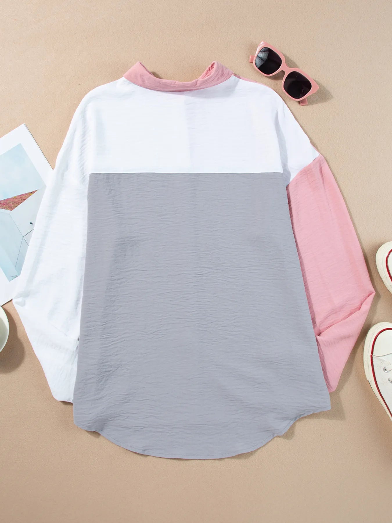 Color Block Oversized Button-Up Shirt with Chest Pocket - Tigbul's Variety Fashion Shop