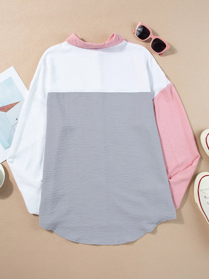 Color Block Oversized Button-Up Shirt with Chest Pocket - Tigbul's Variety Fashion Shop