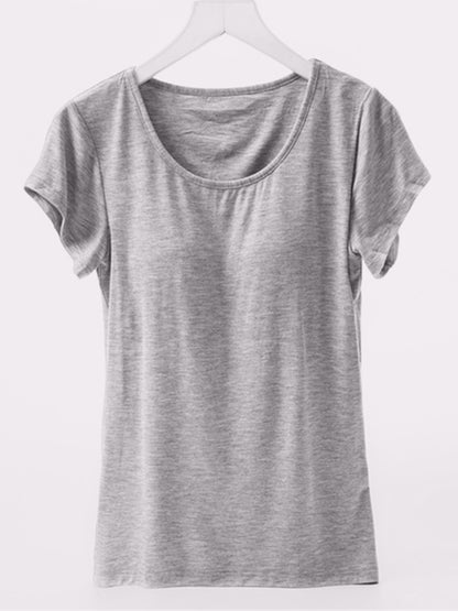 Round Neck Short Sleeve T-Shirt with Bra - Tigbul's Variety Fashion Shop