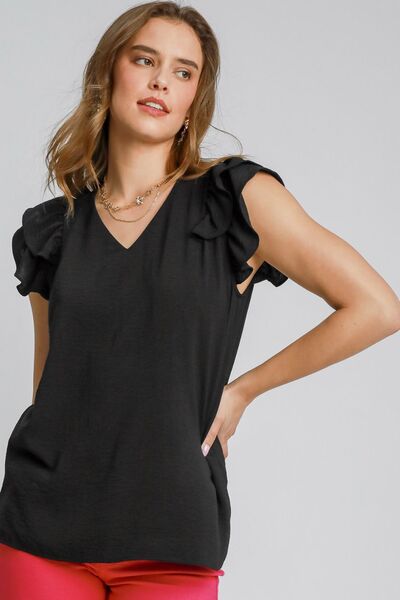 Black V-Neck Double Layered Ruffle Sleeve Blouse - Tigbul's Variety Fashion Shop