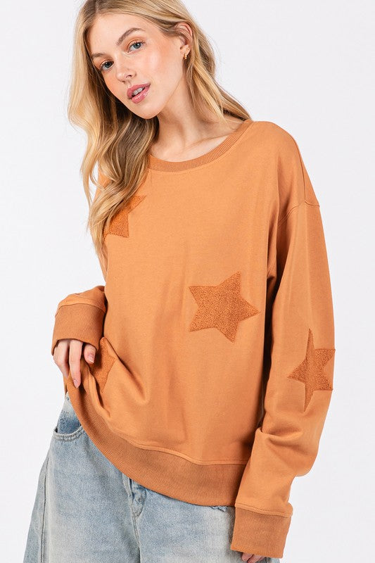 SAGE + FIG Star Patch Long Sleeve Sweatshirt - Tigbul's Variety Fashion Shop