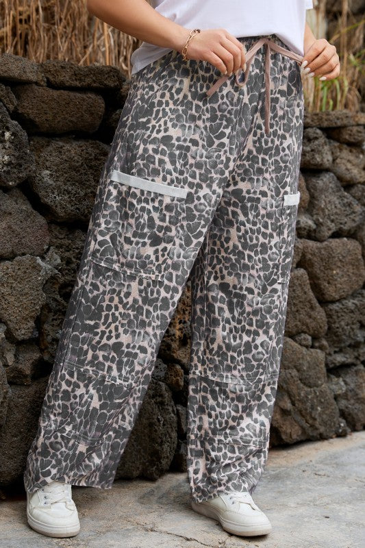 Khaki leopard print patch-pocket pants with drawstring waist and roomy wide-leg