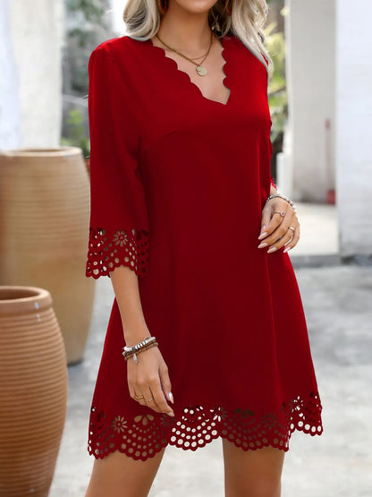 Cutout V-Neck Three-Quarter Sleeve Mini Dress - Tigbul's Variety Fashion Shop