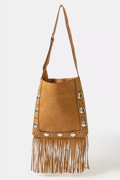 Fame Faux Suede Grommet Accent Fringe Tote Bag - Tigbul's Variety Fashion Shop