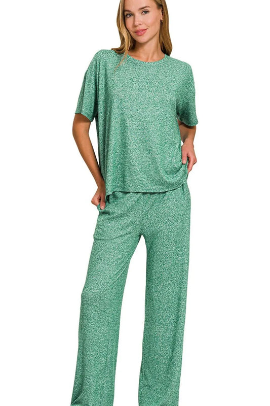 Zenana Soft Melange Short Sleeve Tee & Long Pants Set - Tigbul's Variety Fashion Shop
