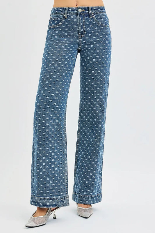 RISEN High Rise Wide Leg Bow Embroidered Jeans - Tigbul's Variety Fashion Shop
