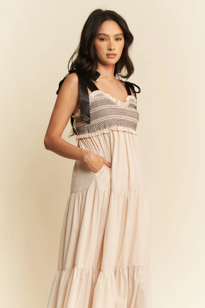 Beige Multi Contrast Smocked Bodice Straps Maxi Dress - Tigbul's Variety Fashion Shop