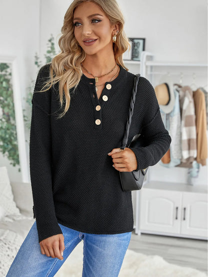 Button Detail Long Sleeve Knit Top - Tigbul's Variety Fashion Shop