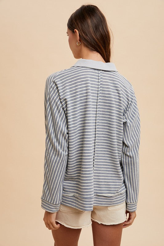 Annie Wear Striped Button Detail Long Sleeve Polo Top - Tigbul's Variety Fashion Shop