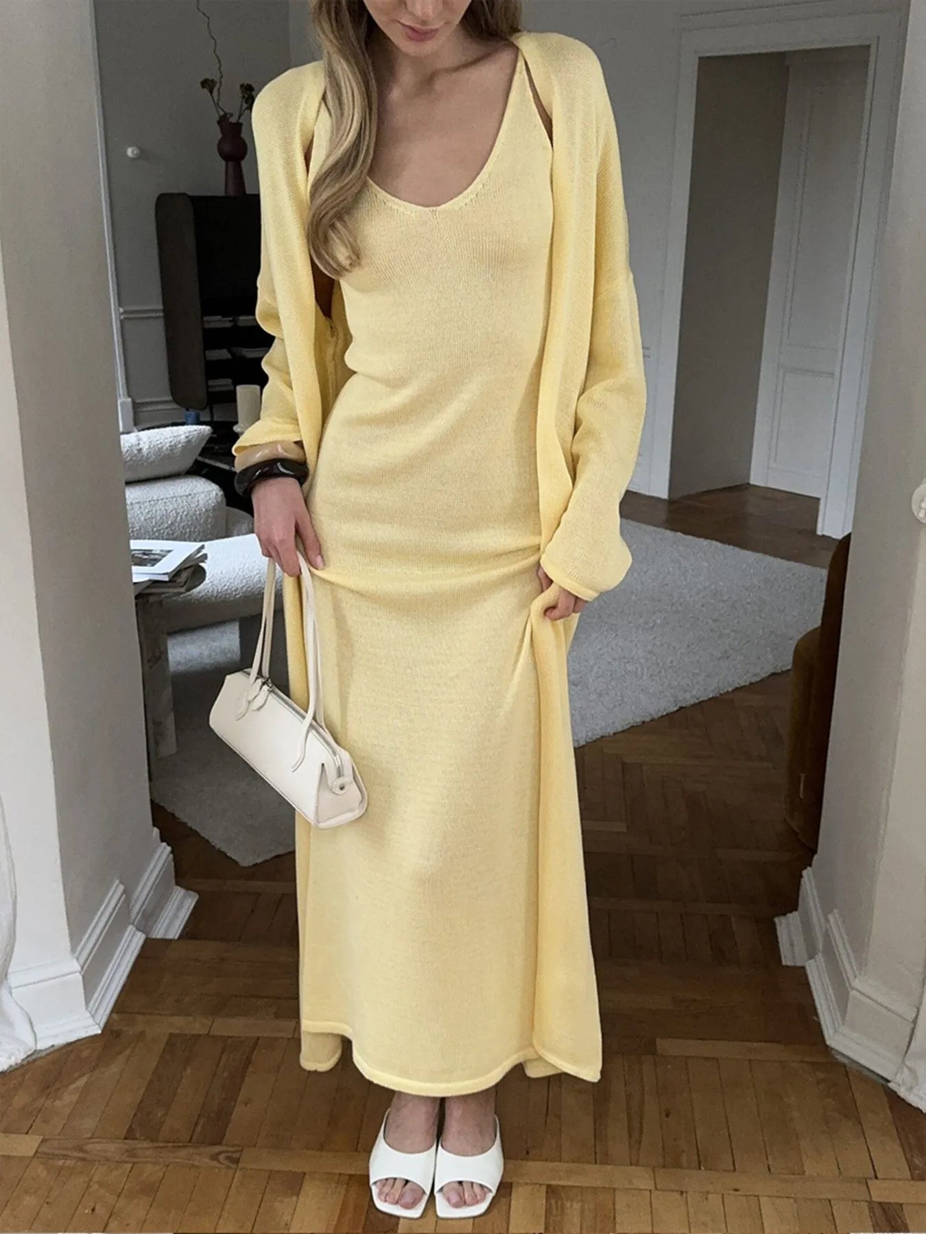 V-Neck Knit Dress and Cardigan Sweater Set - Tigbul's Variety Fashion Shop